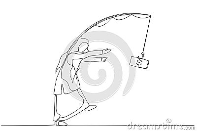 Cartoon of muslim woman walk like zombie live life with money as motivation. One line art style Vector Illustration