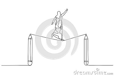 Cartoon of muslim woman walk tightrope between pencils concept of struggle in creativity. Single line art style Vector Illustration