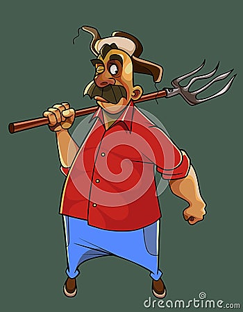 Cartoon mustachioed man farmer stands with a pitchfork on his shoulder Vector Illustration