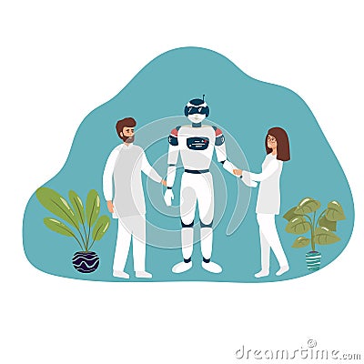 Cartoon Nano Tech Research Center for AI Creation. Scientists, Assistants, Developers Check Robot Skills, Artificial Vector Illustration