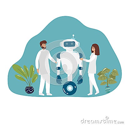 Cartoon Nano Tech Research Center for AI Creation. Scientists, Assistants, Developers Check Robot Skills, Artificial Vector Illustration