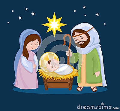 Cartoon nativity scene with holy family Vector Illustration