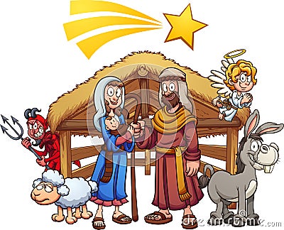 Cartoon nativity scene with shooting star Vector Illustration