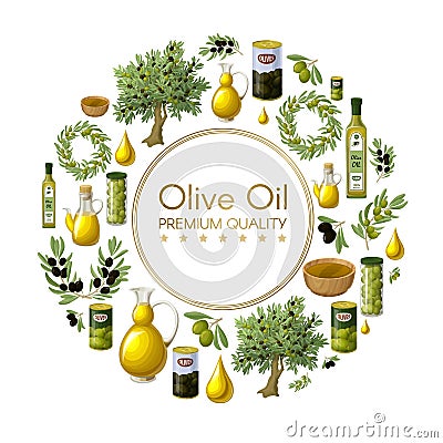 Cartoon Natural Olive Oil Round Concept Vector Illustration