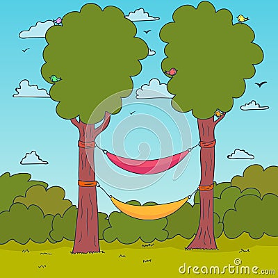 Cartoon Nature Background. Hammocks on a tree. Vector Vector Illustration