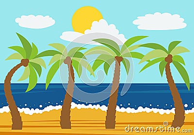 Cartoon nature landscape with four palms in the summer beach Vector Illustration