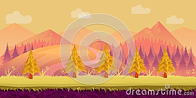 Cartoon nature landscape. Layered ground, grass, trees, mountains, clouds and sky Vector Illustration