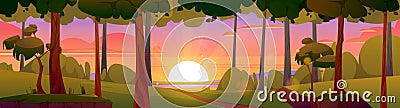 Cartoon nature landscape, summer evening forest Vector Illustration