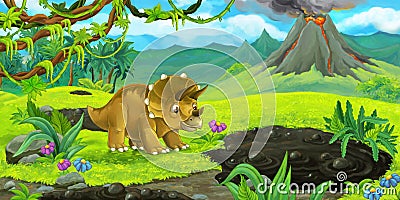 Cartoon nature scene with active volcano and standing triceratops Cartoon Illustration
