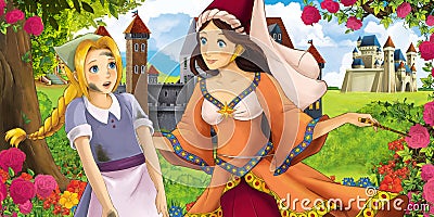 Cartoon nature scene with beautiful castles near the forest with beautiful young princess sorceress and girl - illustration Cartoon Illustration