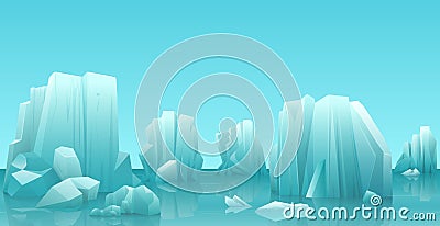 Cartoon nature winter arctic ice landscape with iceberg, snow mountains rocks hills. Vector game style illustration. Vector Illustration