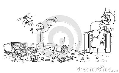 Cartoon of Naughty Little Boy Doing Mess, Exhausted Mother is Sitting in Armchair Vector Illustration