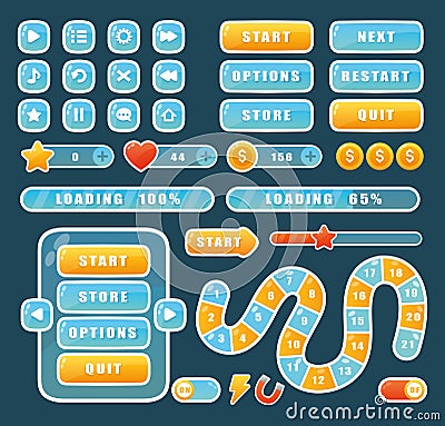 Cartoon navigation app menu elements, glossy buttons to play video game, progress bar, arrow and window gui design in Stock Photo