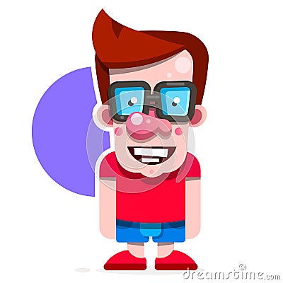 Cartoon Nerd Student Standing With A Book In His Hand. Concept Of Education. Smart Guy With Glasses. Flat Vector Vector Illustration