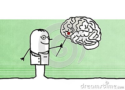 Cartoon neurologist with brain Cartoon Illustration