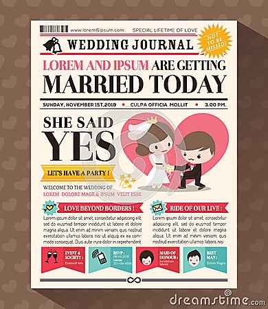 Cartoon Newspaper Wedding Invitation card Design Vector Illustration