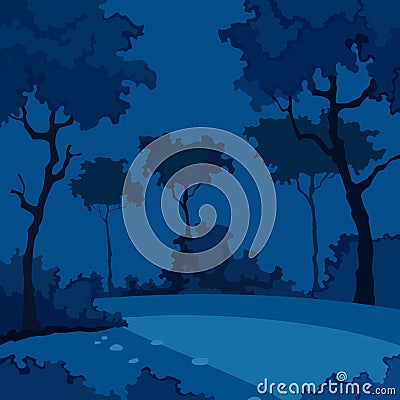 Cartoon night background of forest with deciduous trees Vector Illustration