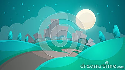 Cartoon night landscape. City, moon, tree, road illustration. Vector Illustration