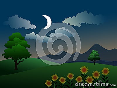 Cartoon night landscape in countryside Vector Illustration