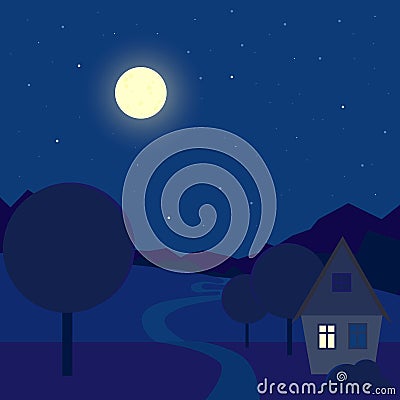 Cartoon night outdoor landscape. Contryside house near the path. Midnight blue sky. Stock vector illustration in flat Vector Illustration