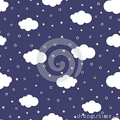 Cartoon of night sky with stars and clouds. Cute seamless pattern. Vector Illustration