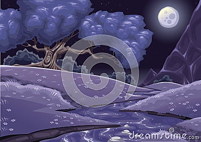 Cartoon nightly landscape with stream Vector Illustration