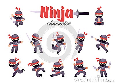 Cartoon ninja character. Japanese warrior in dark suit and mask, different karate poses, fighting swords, shurikens and Vector Illustration