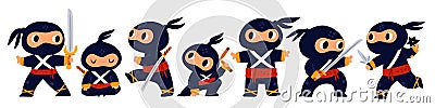 Cartoon ninja character. Japanese warrior mascot. Different poses and actions. Man in black clothes fight with katana Vector Illustration