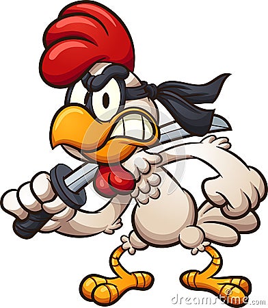 Cartoon ninja chicken with sword Vector Illustration