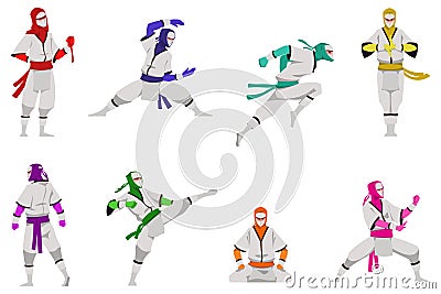 Cartoon ninja. Japanese warrior. Fighters kicks and punches. Different martial actions. White costume with mask. Shinobi Vector Illustration