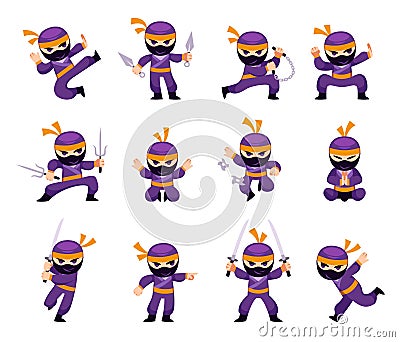 Cartoon ninja. Man in different action and combat poses karate. Japanese warrior character in mask. Assassin with weapon Vector Illustration