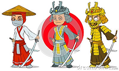 Cartoon ninja samurai with sword characters set Vector Illustration