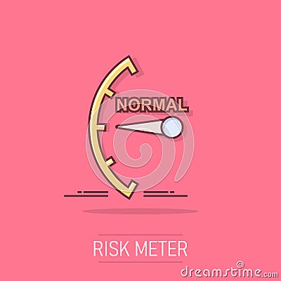 Cartoon normal level icon in comic style. Speedometer, tachometer sign illustration pictogram. Risk meter splash business concept Vector Illustration