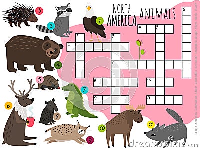 Cartoon north america animals kids crossword vector design Vector Illustration