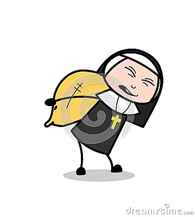Cartoon Nun Carrying a Heavy Sack Pack Vector Stock Photo