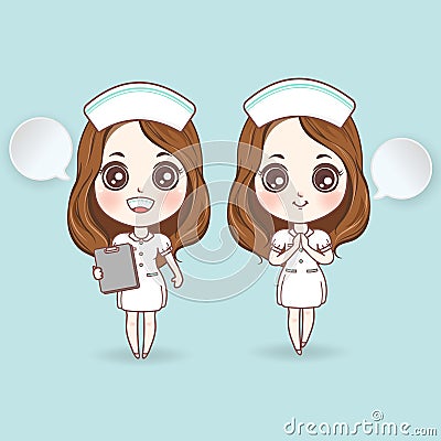 Cartoon nurse in white dress cute. have a smile orthodontics blu Vector Illustration