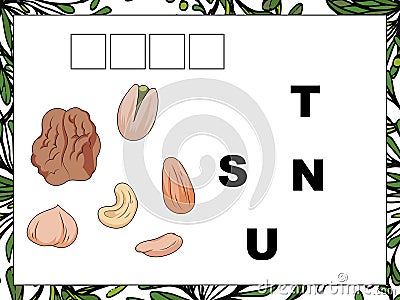 Cartoon nuts crossword. Put the letters in the correct order Vector Illustration