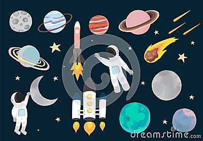 Cartoon object space collection with planet,astronaut,moon,sun.Vector illustration for icon,logo,sticker,printable,postcard and Vector Illustration