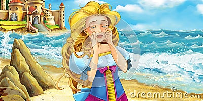 Cartoon ocean and the mermaid - castle at the shore Cartoon Illustration