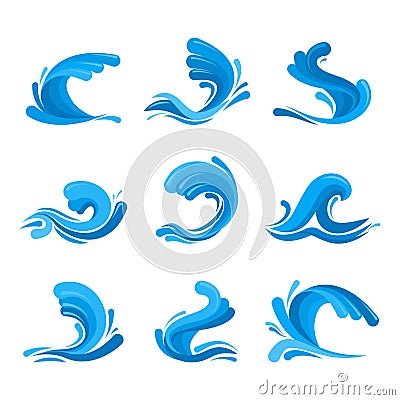 Cartoon Ocean or Sea Blue Waves Icons Set. Vector Vector Illustration