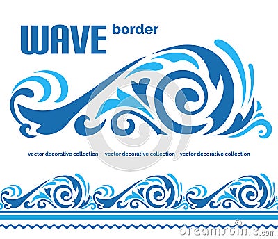 Blue ocean wave, sea water border ornament Vector Illustration