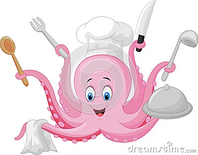 Cartoon octopus chef holding cooking tools Vector Illustration