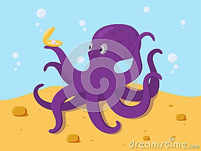 Cartoon octopus holding a shell with a pearl in its tentacles. Stock Photo