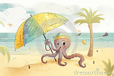 A cartoon octopus holding an umbrella on a beach. AI generative image. Stock Photo