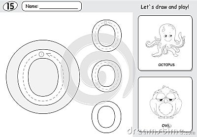 Cartoon octopus and owl. Alphabet tracing worksheet: writing A-Z and educational game for kids Vector Illustration