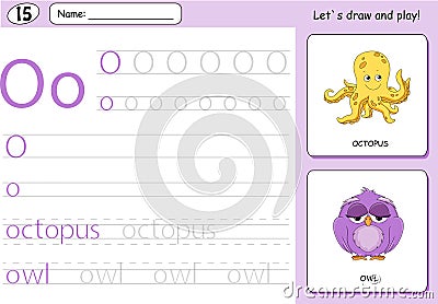 Cartoon octopus and owl. Alphabet tracing worksheet Vector Illustration