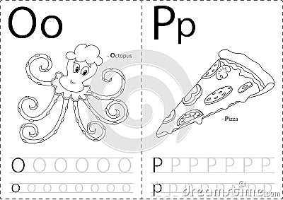 Cartoon octopus and pizza. Alphabet tracing worksheet: writing A Vector Illustration