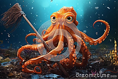 Cartoon octopus plastic problem Stock Photo