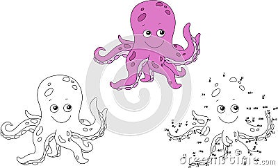 Cartoon octopus. Vector illustration. Coloring and dot to dot Vector Illustration