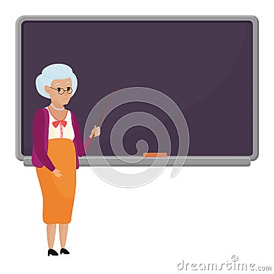 Cartoon old female teacher standing in front of blank school blackboard vector illustration. Granny teacher isolated. Vector Illustration